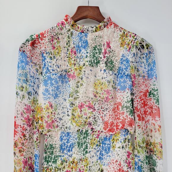 AQUA Womens‎ Dress S Cream Blue Floral Smocked Ruffle Trim Long Sleeve Mini - Picture 4 of 14